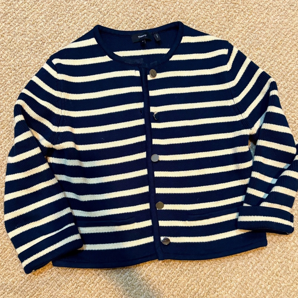 Women’s navy and white striped all cotton theory cardigan in like new condition.